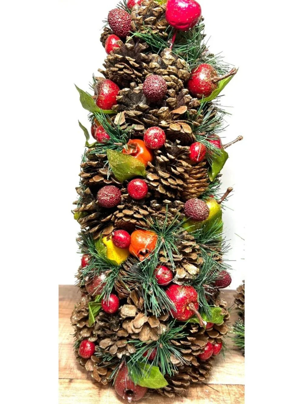 Holiday Centerpiece Pinecone & Faux Fruit Tree Glitter Accents Set Of 2 17.5'' T